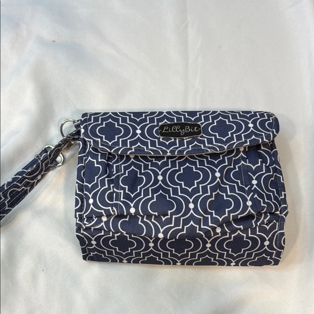 Lilly Bit by Demdaco Navy Blue Trellis Print Folding Diaper Clutch Shoulder Bag